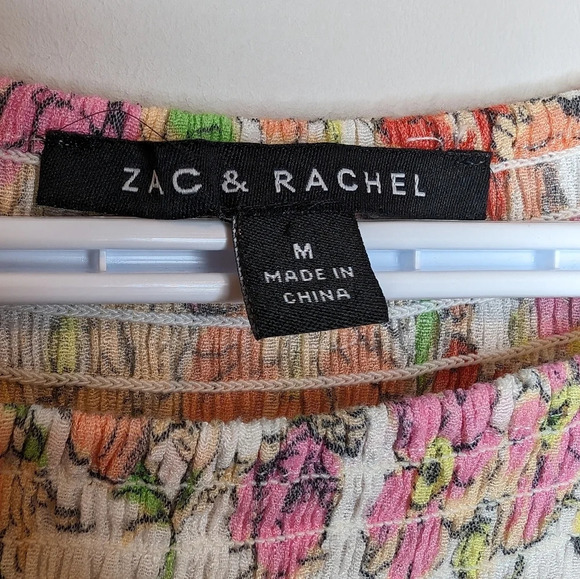 Zac & Rachel  Smocked Neck 3/4 Flutter Sleeve White Floral Women M - Picture 3 of 7